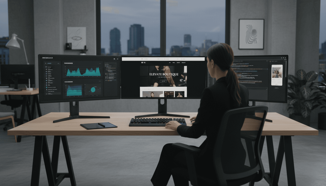 Digital marketing professional reviewing website analytics and design on computer screens in bright modern office