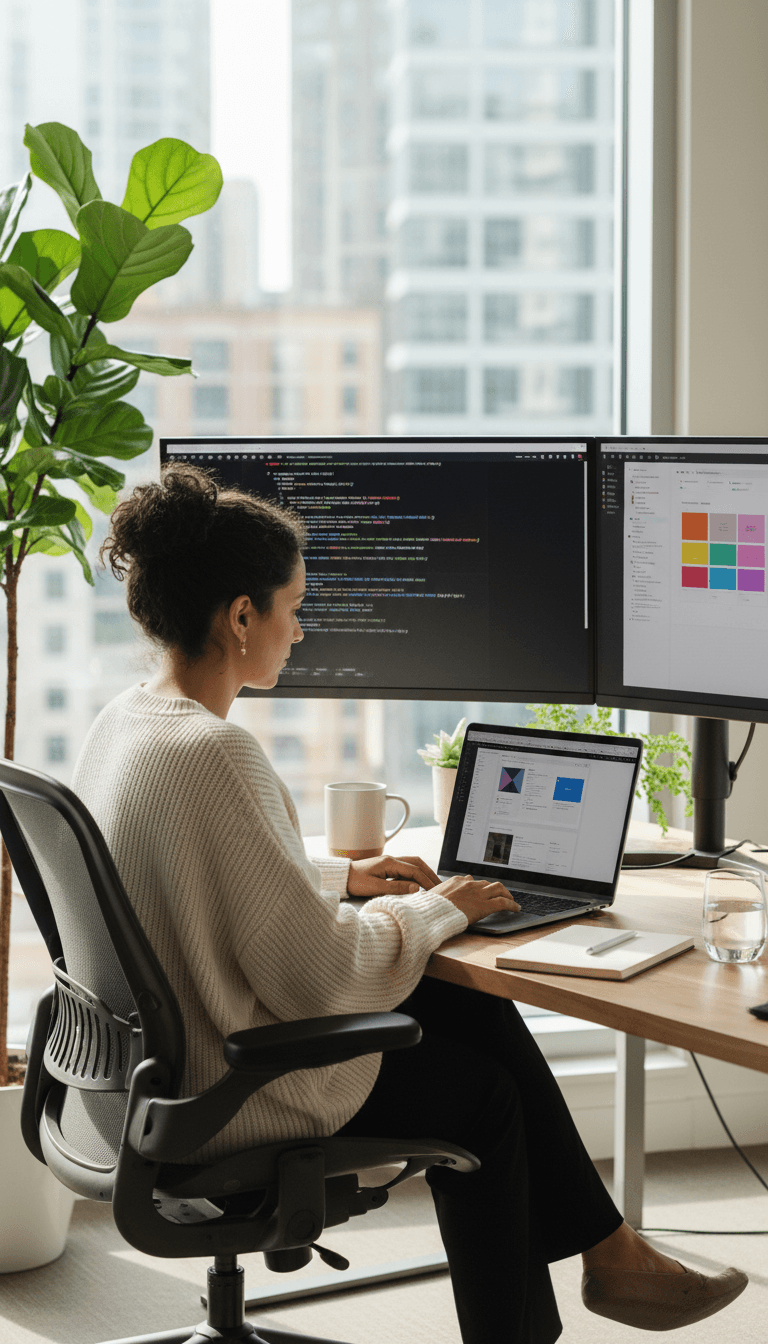 Web designer developing AI-powered website on modern workspace