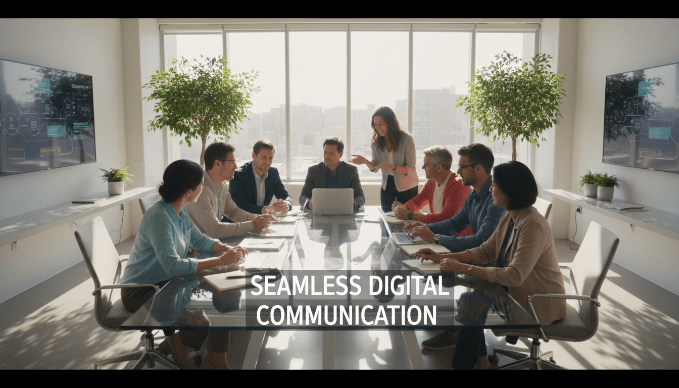 Digital marketing professionals working together at a modern office workspace