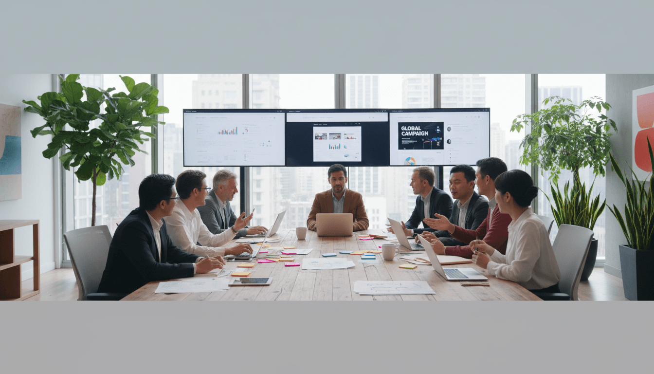 Professional team working together in a modern office environment with digital tools