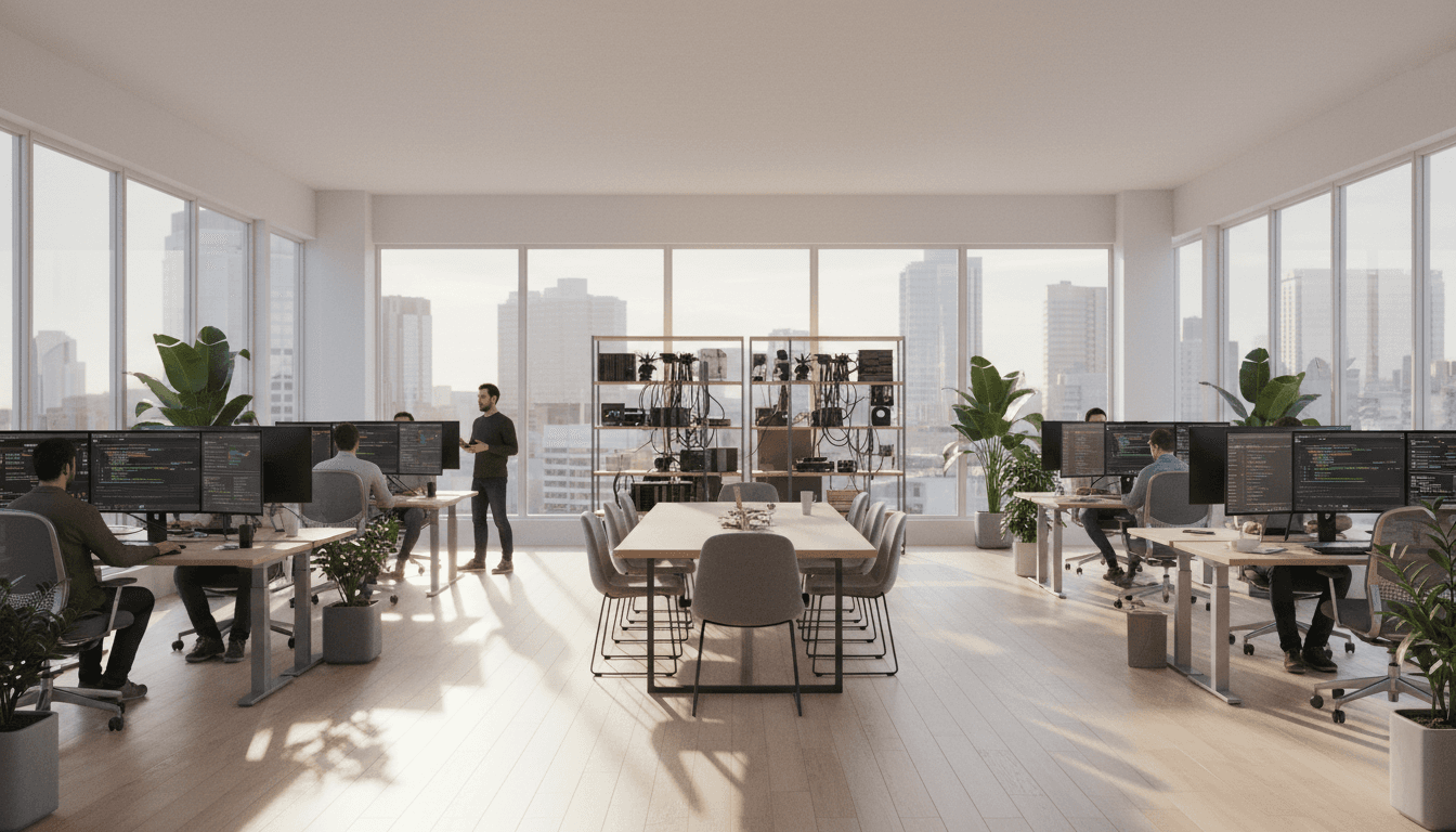 Modern office environment with professionals working on web development projects